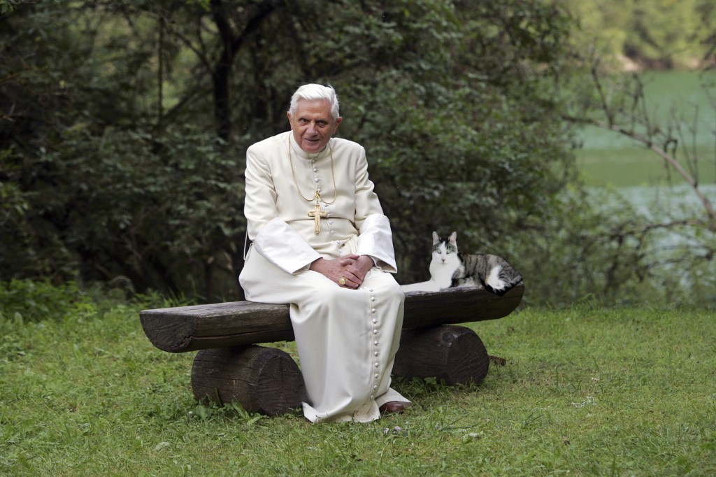Pope Benedict on a bench outside the Madonna della Salute chapel