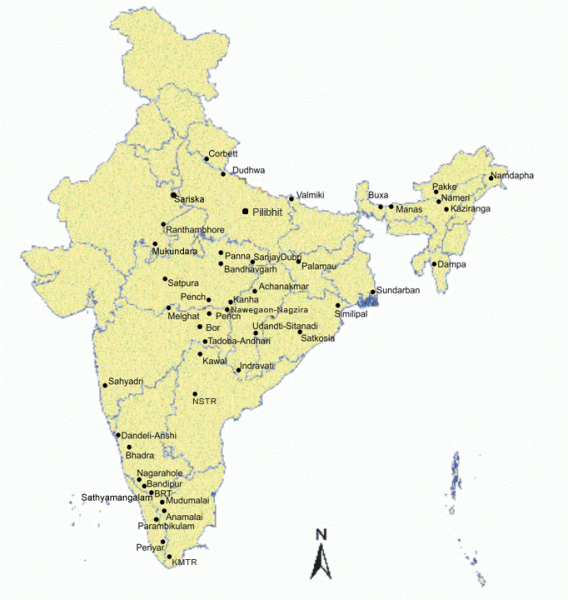 Map showing Tiger Reserves in India