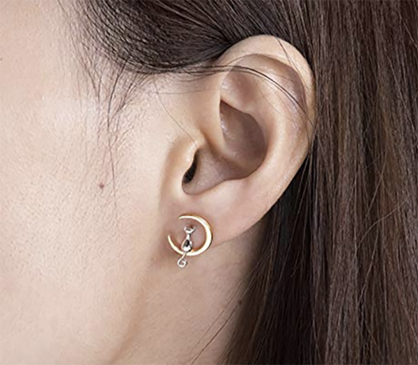 Cat Sitting on Crescent Moon Earrings Triple T Studios