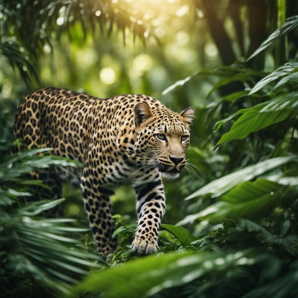 Leopard roams through lush, dense forest with dappled sunlight, surrounded by tall trees and vibrant foliage