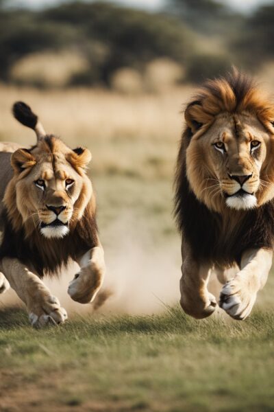 Ambush Predators. African Male lions hunt