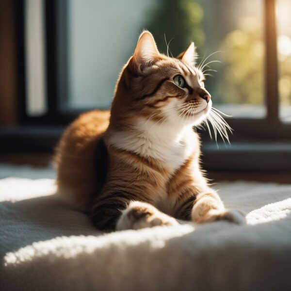 A contented feline lounges on a sunny windowsill.