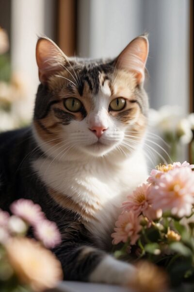 Dilute Calico Cat with flowers