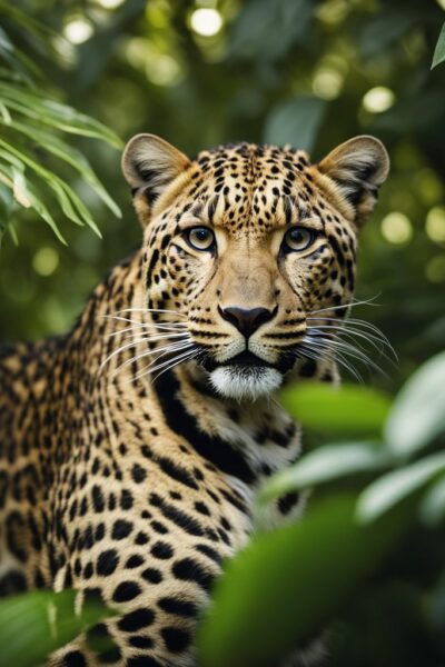 A majestic leopard prowls through a lush, tropical jungle, its sleek coat glistening in the dappled sunlight. The leopard's piercing gaze exudes power and grace, symbolizing the importance of conservation on International Leopard Day