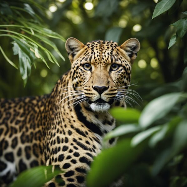 A majestic leopard prowls through a lush, tropical jungle, its sleek coat glistening in the dappled sunlight. The leopard's piercing gaze exudes power and grace, symbolizing the importance of conservation on International Leopard Day