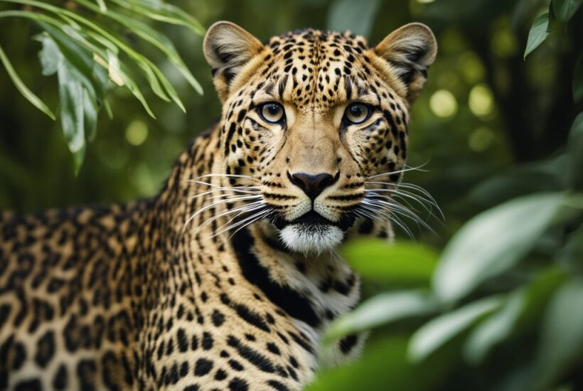 A majestic leopard prowls through a lush, tropical jungle, its sleek coat glistening in the dappled sunlight. The leopard's piercing gaze exudes power and grace, symbolizing the importance of conservation on International Leopard Day