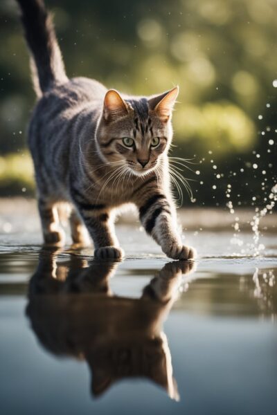 Cat with paw near puddle