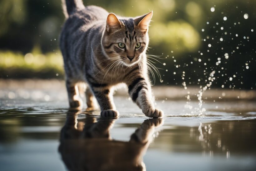 Cat with paw near puddle