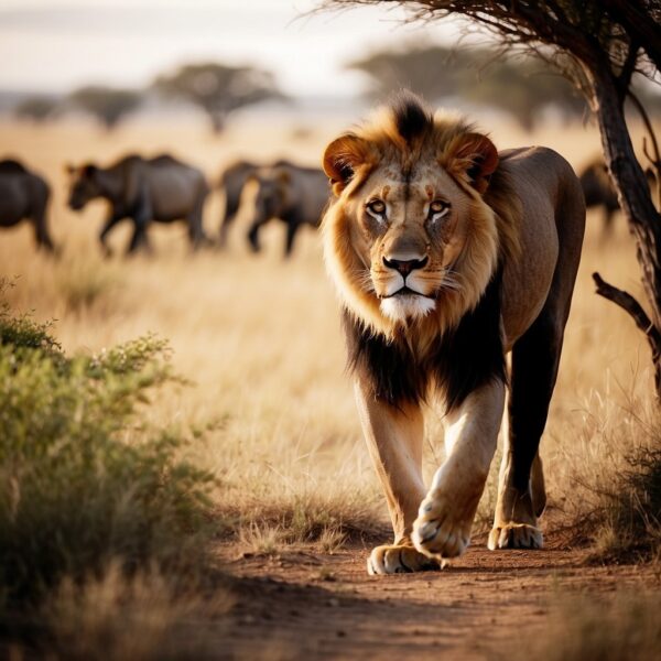 A pride of African lions roam the savannah, with acacia trees in the background and a herd of wildebeest grazing nearby