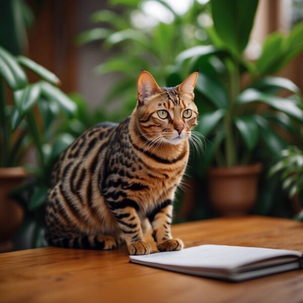A Bengal cat sits majestically, surrounded by exotic plants and vibrant colors, as its name is carefully chosen by a person holding a pen and paper