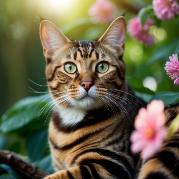 A Bengal cat sits proudly on a tree branch, its sleek fur glistening in the sunlight. Surrounding it are vibrant flowers and lush greenery