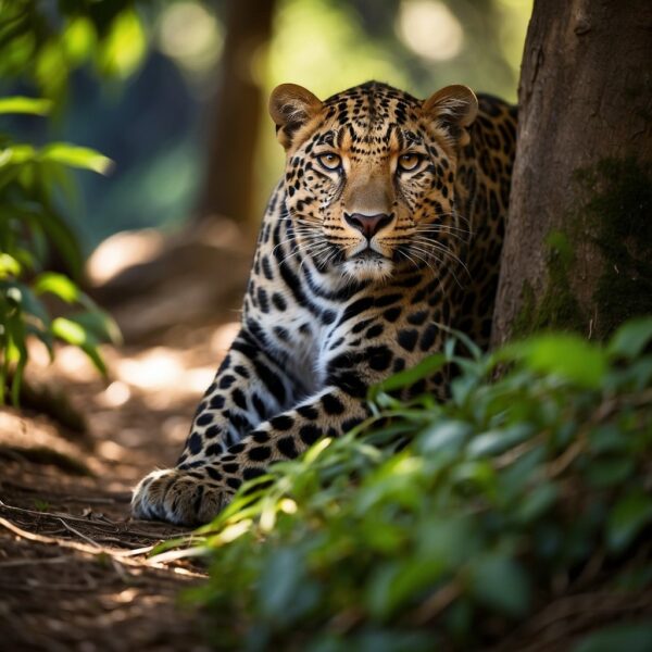 A leopard prowls through a lush jungle, its sleek coat blending with the dappled sunlight filtering through the canopy. Its eyes are alert, and its powerful muscles ripple as it moves gracefully through the foliage