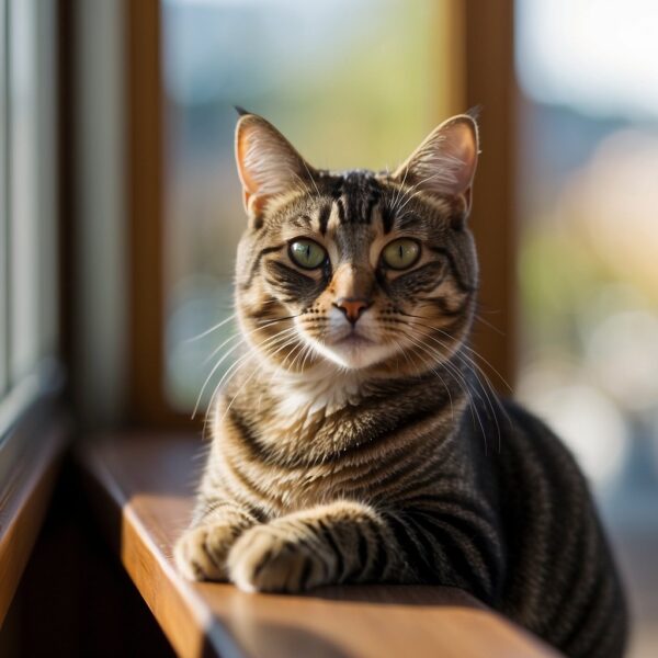 A kitty sitting on a windowsill, gazing out at the world with curious eyes. Its sleek, short coat is a mix of colors, and its tail is swishing back and forth in anticipation