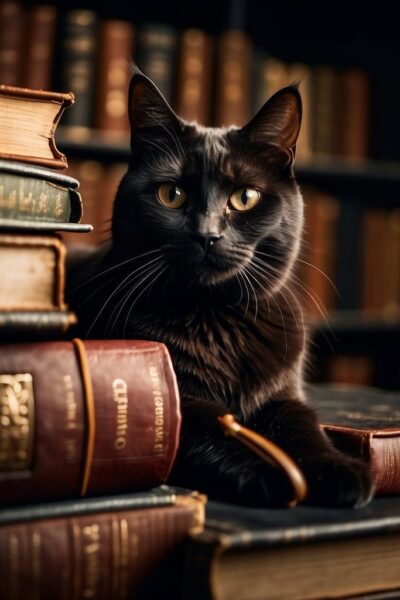 black kitty with books