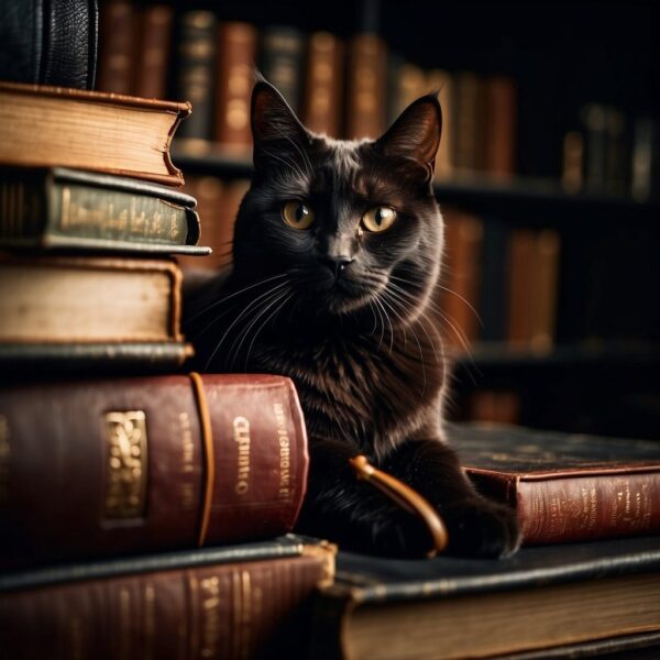 black kitty with books