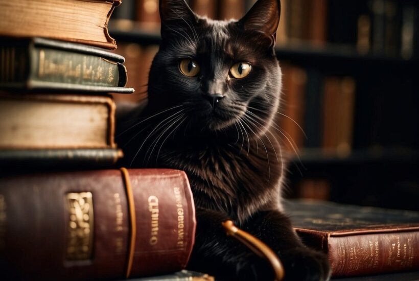black kitty with books