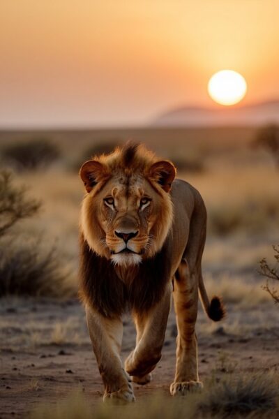 male African lion with setting sun