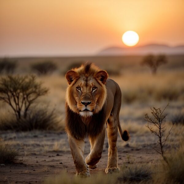 African lions roam a barren savanna, surrounded by sparse vegetation and a setting sun, symbolizing their endangered status