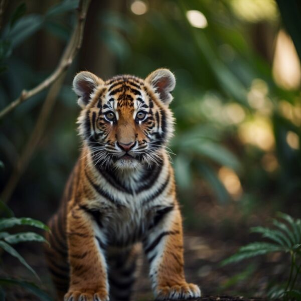 A tiger cub is born in a dense jungle. It grows into a powerful adult, hunting for prey and eventually mating to continue the cycle of life