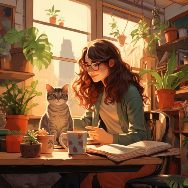 Woman coloring with cat on her desk.  Coloring is good for your health.