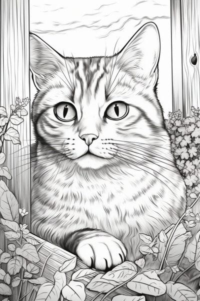 Cat in the Garden -cat coloring Page