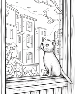 Cat looking out window coloring page