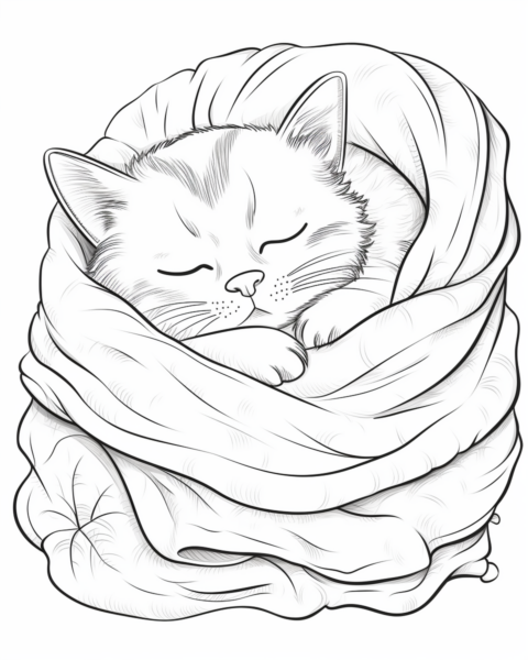 Cat Coloring Page- Cat Sleeping in a blanket