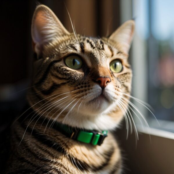 A domestic shorthair cat with a sleek coat, tabby markings, and green eyes sits in a sunny window, with a playful expression on its face