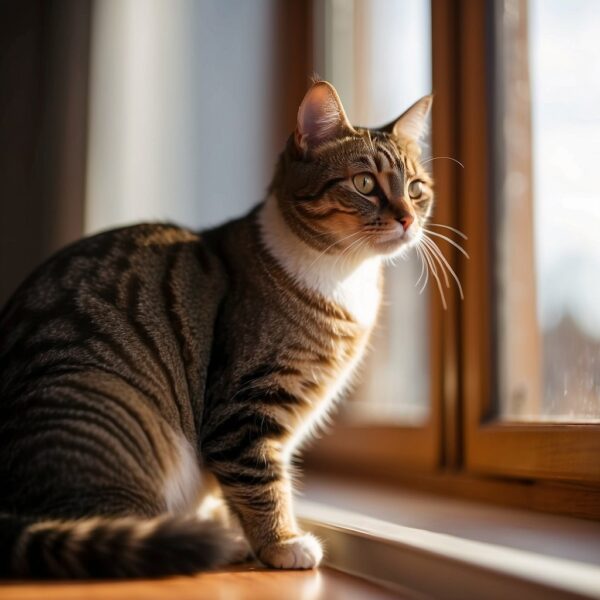 A domestic shorthair cat sits regally on a windowsill, with a curious expression and sleek fur. The sunlight streams in, casting a warm glow on the cat's face