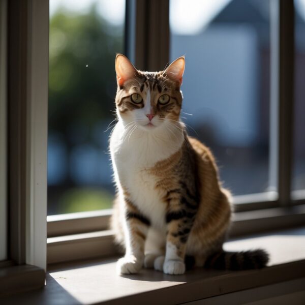 A domestic shorthair cat with a sleek coat and bright eyes sits alertly on a windowsill, with its tail curled around its body