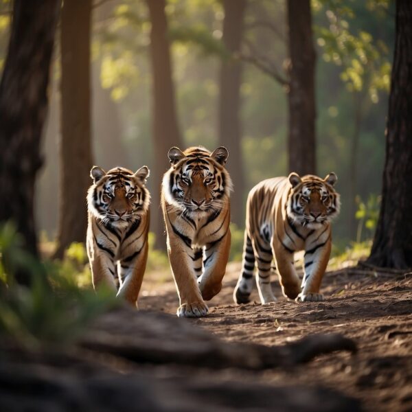 A tiger family wanders through a deforested landscape, searching for prey. Their habitat has been destroyed, leading to their endangerment