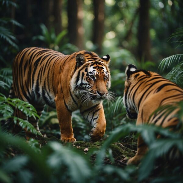 Tigers roam through a dense jungle, surrounded by lush greenery. They face threats from poaching, habitat loss, and human-wildlife conflict