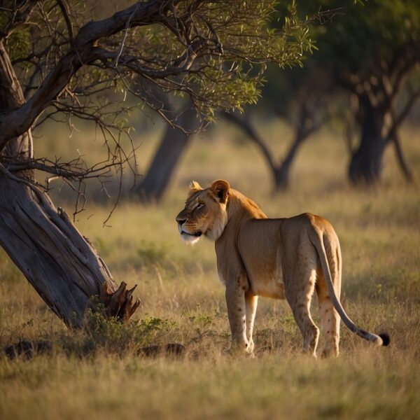 African lions in savanna habitat, surrounded by threats: poaching, habitat loss, human-wildlife conflict