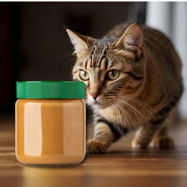 Cat with small jar of peanut butter