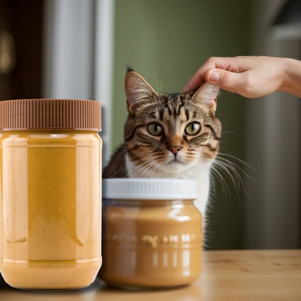 Cat parent petting kitty beside two jars of peanut butter