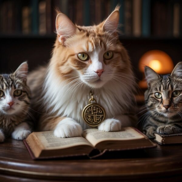 Cats sit atop ancient tomes, surrounded by symbols of myth and religion, their curious eyes reflecting the mysteries of their nine lives