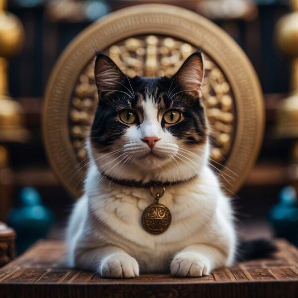 black and white kitty surrounded by ancient symbols and cultural artifacts, representing its enduring and mystical nature