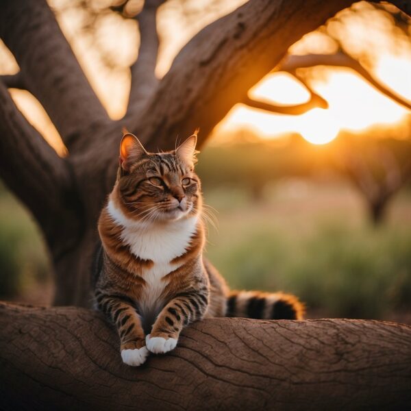 A kitty lounges under a baobab tree, surrounded by vibrant African flora and fauna. The sun sets, casting warm hues across the savanna