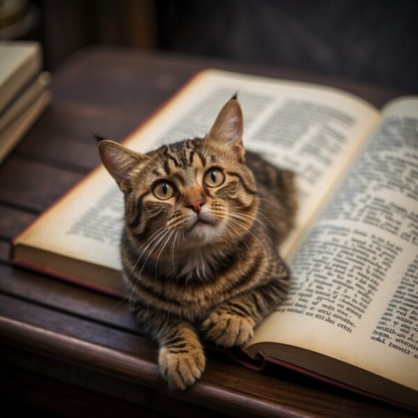 A cat sits next to a book titled "African Names for Cats." The cat's owner points to the page, choosing a name for the feline