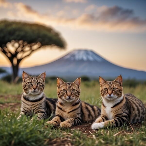 A group of cats lounging in a savanna landscape, with Mount Kilimanjaro in the background. Each cat is named after a different African geographical location or landmark