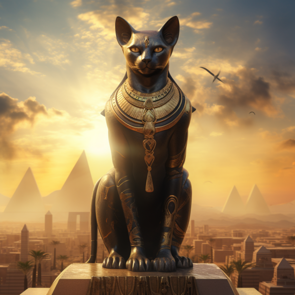 Bastet Statue with Egypt in background.