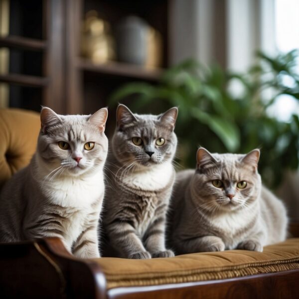 A group of British Shorthair cats lounging in a cozy English cottage, surrounded by antique furniture and traditional decor