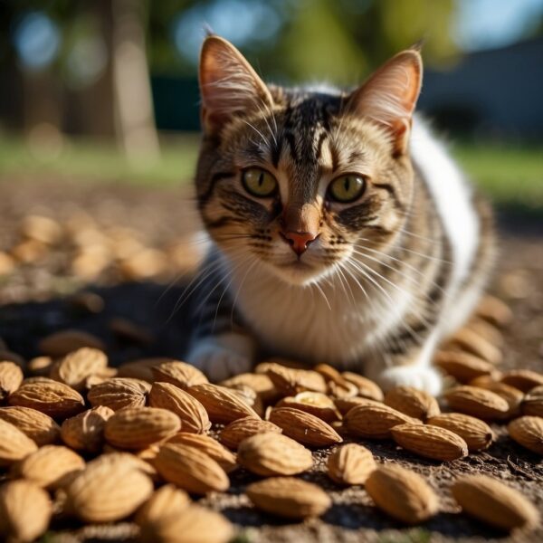 Almonds scattered on the ground with a curious cat sniffing and inspecting them