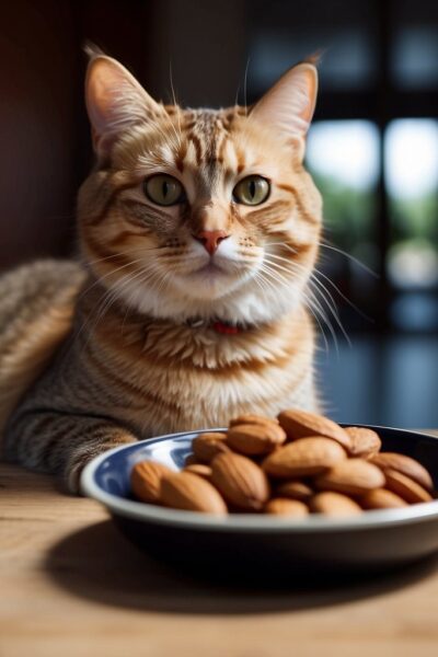 cat with bowl of almonds