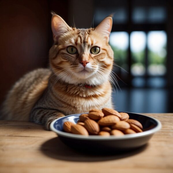 A cat sitting next to a bowl of almonds 