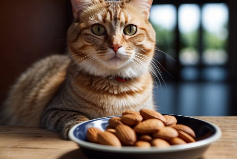 cat with bowl of almonds