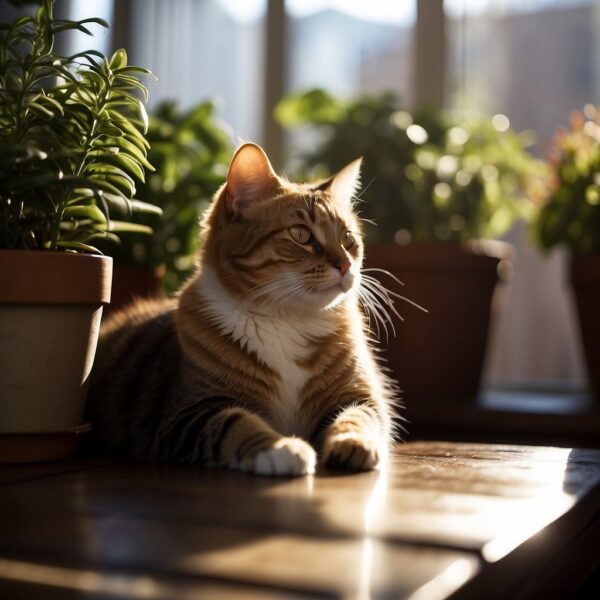 A cat lounges in a sunlit room with open windows and potted plants. A diffuser emits natural scents while a bowl of baking soda absorbs odors