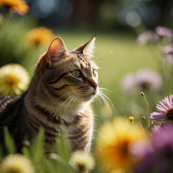 A cat chews on green grass in a sunny backyard, surrounded by colorful flowers and fluttering butterflies