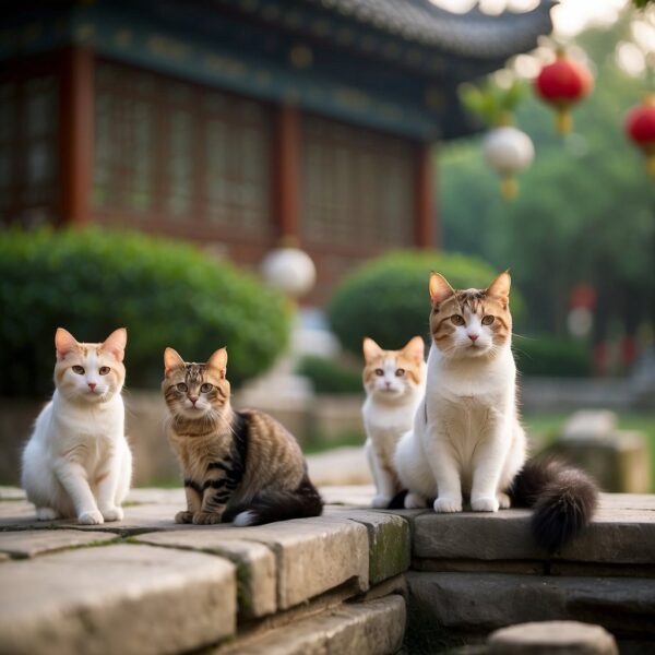 A group of Chinese cats with names like Ming, Mei, and Li, playing in a traditional garden setting, with ornate Chinese decorations and symbols