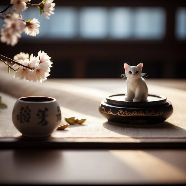 A traditional Chinese scroll with calligraphy and a cat figurine, surrounded by bamboo and cherry blossom branches